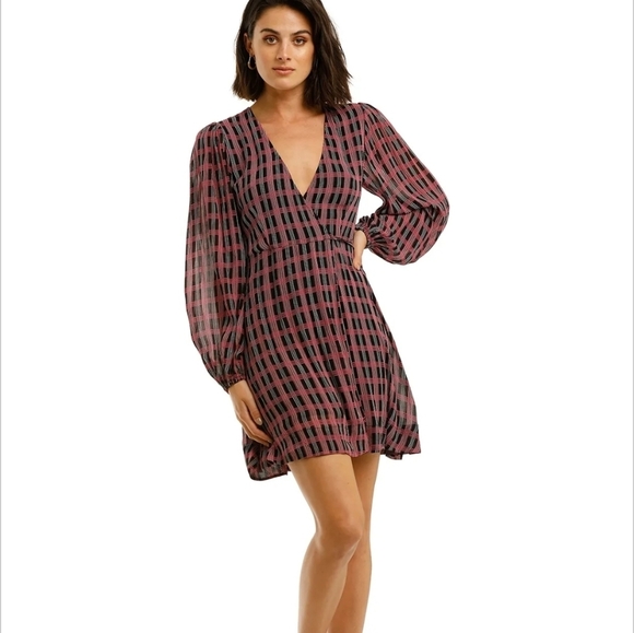 Ganni Georgette Check Long sleeve crepe wrap dress SZ 40 - Picture 2 of 16